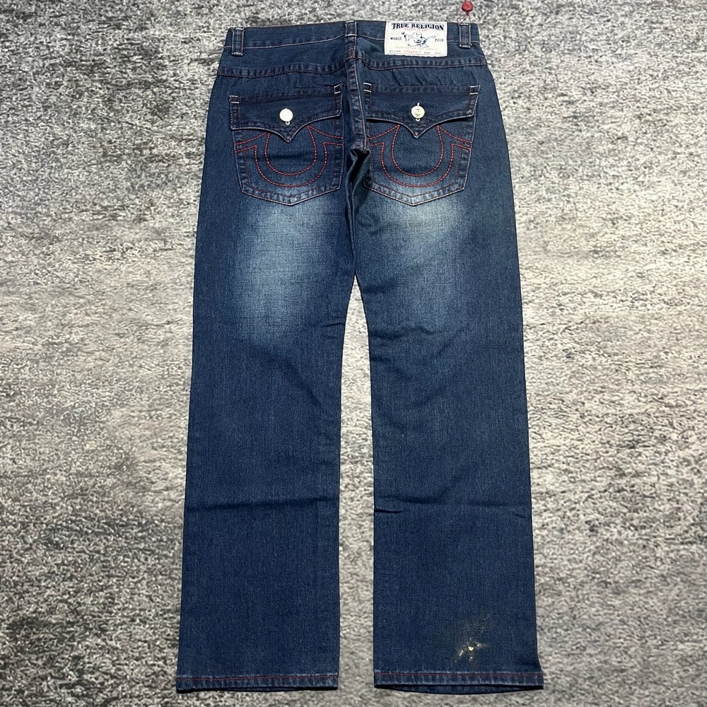 True Religion Straight Jeans‎ Mens 38x34 Blue Red Stitched Logo Flap Pockets Y2K